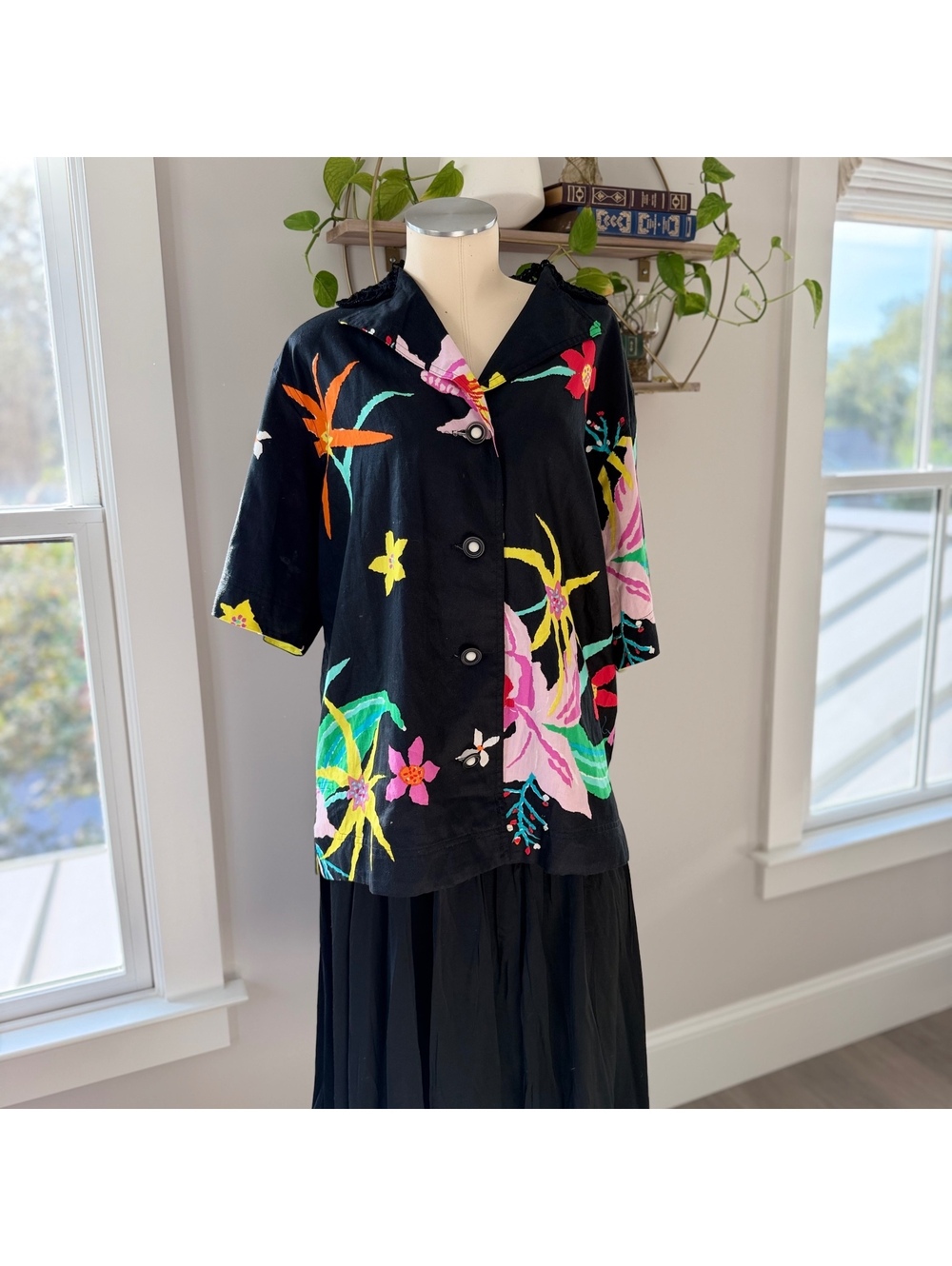 Vintage Gene Ewing for BIS Black Floral Button-Up Blouse